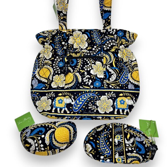 NEW Vera Bradley Ellie Blue Laura Tote Sunglass Case Mirror Cosmetic Bag Set HTF - Picture 1 of 13